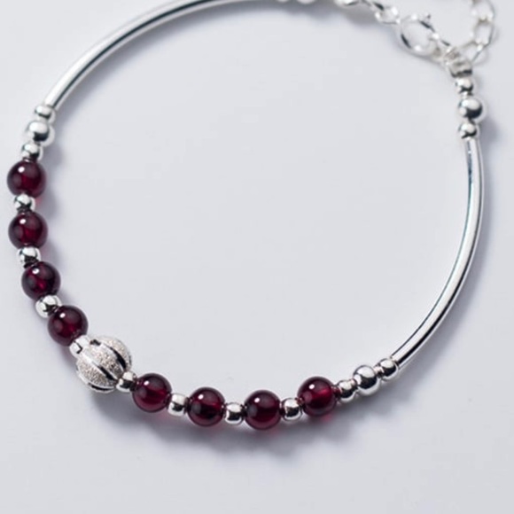 Solid sterling silver Simple Natural Red Garnet 925 Silver Bracelet E8-2332 - Picture 3 of 6